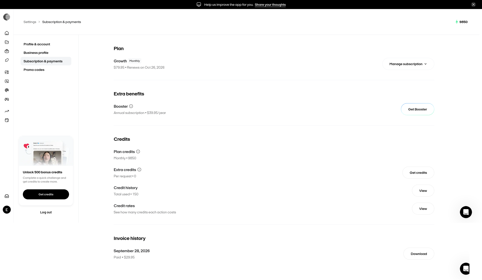 Zeely AI Subscription and Payments page showing the Growth plan at $79.95 per month, remaining plan credits, and the optional Booster add-on.