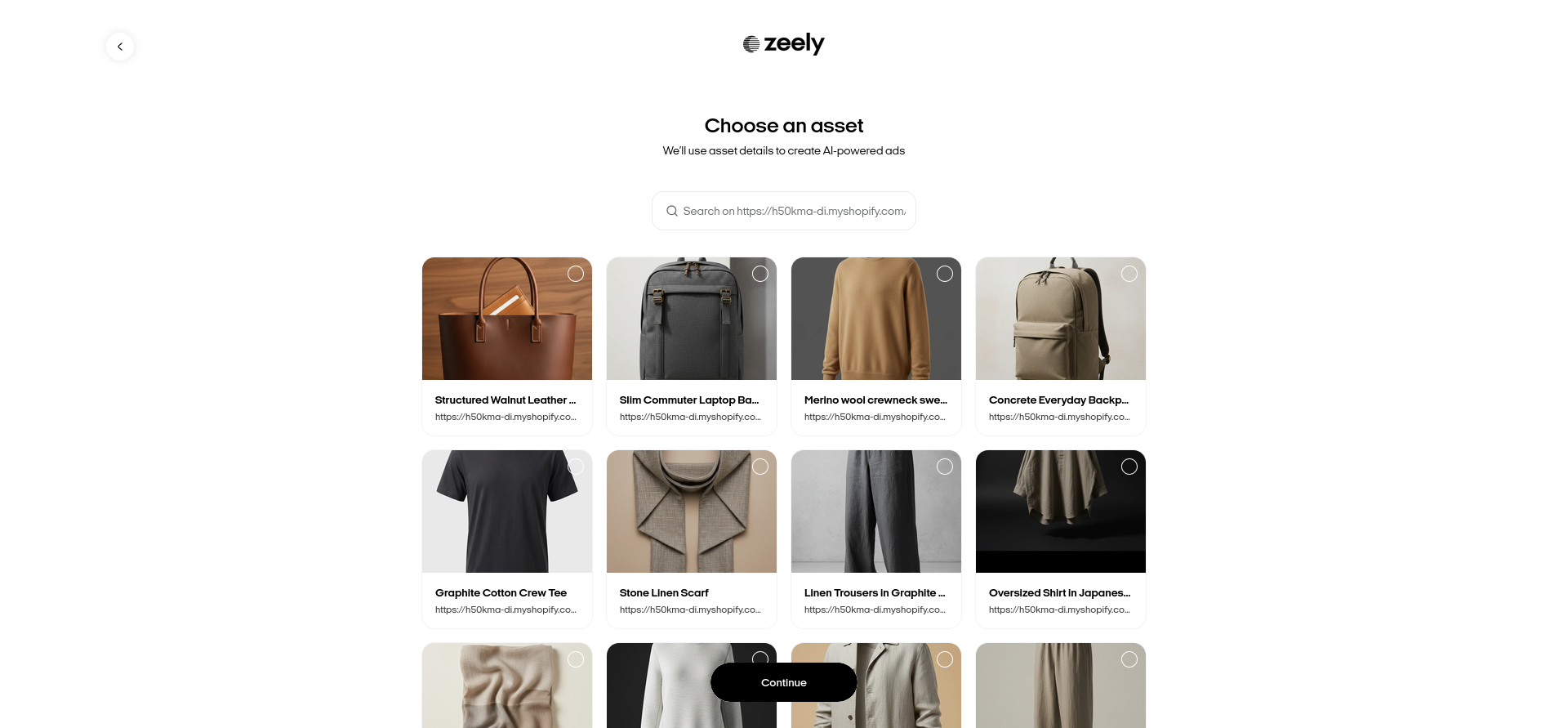 Zeely AI asset library after the Shopify import, showing multiple product images automatically pulled from UrbanVantage Collective.