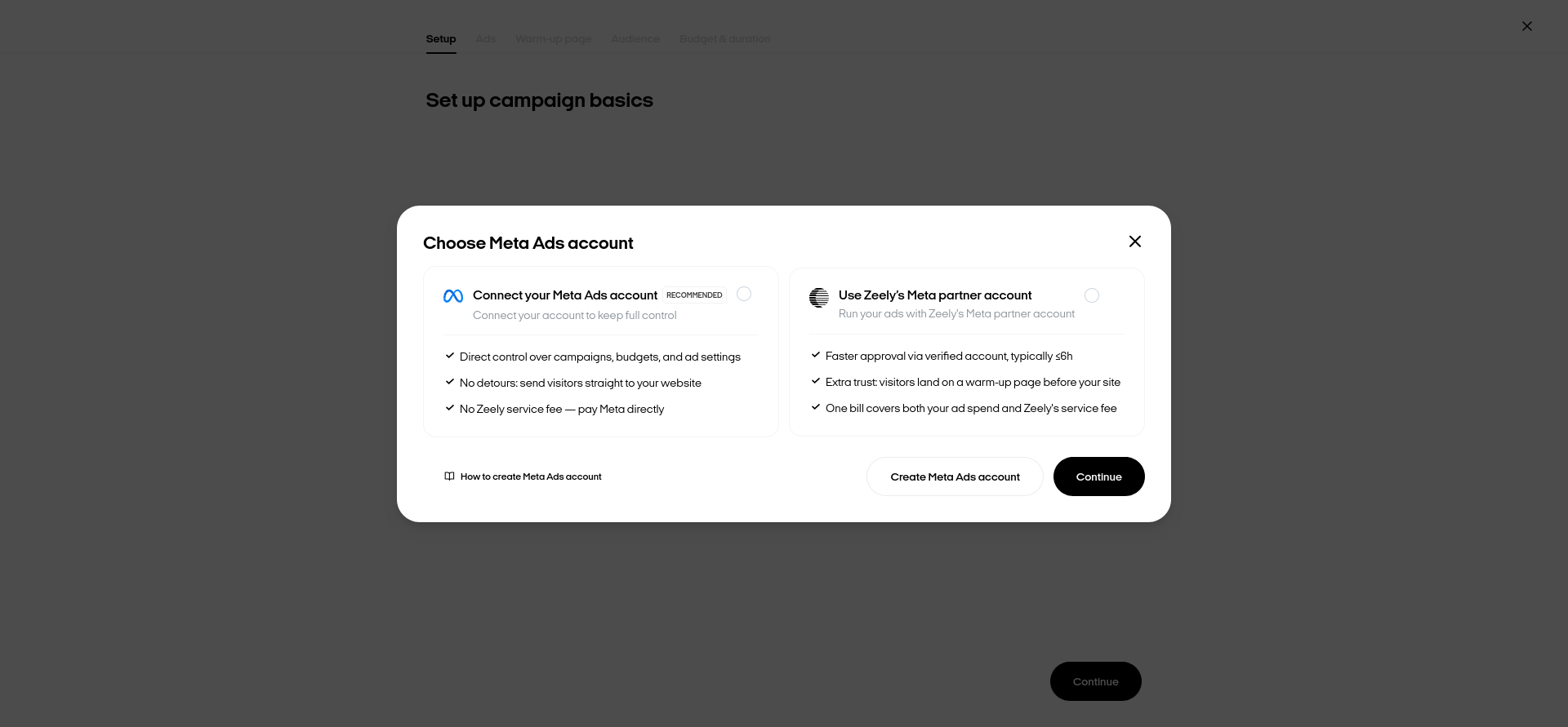 Zeely AI Meta campaign setup showing the choice between connecting your own Meta Ads account and using Zeely's Meta partner account.