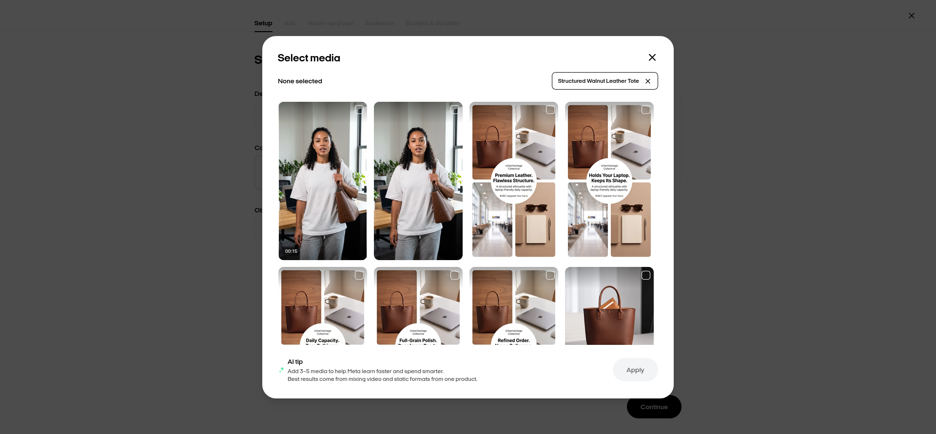 Zeely AI campaign media selector showing previously generated tote video and static creatives available for reuse in Meta campaign setup.