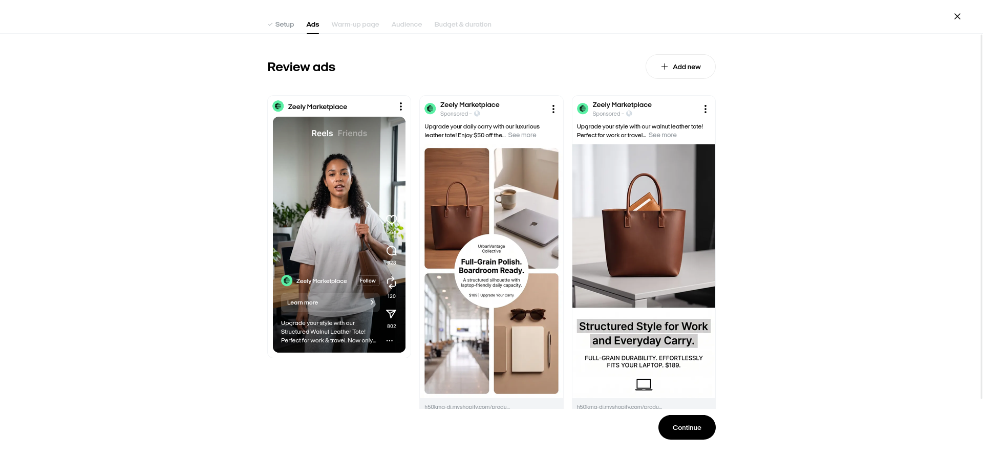Zeely AI Review Ads screen where automatically generated Meta ad copy introduced a $50 discount that did not exist on the source product page.