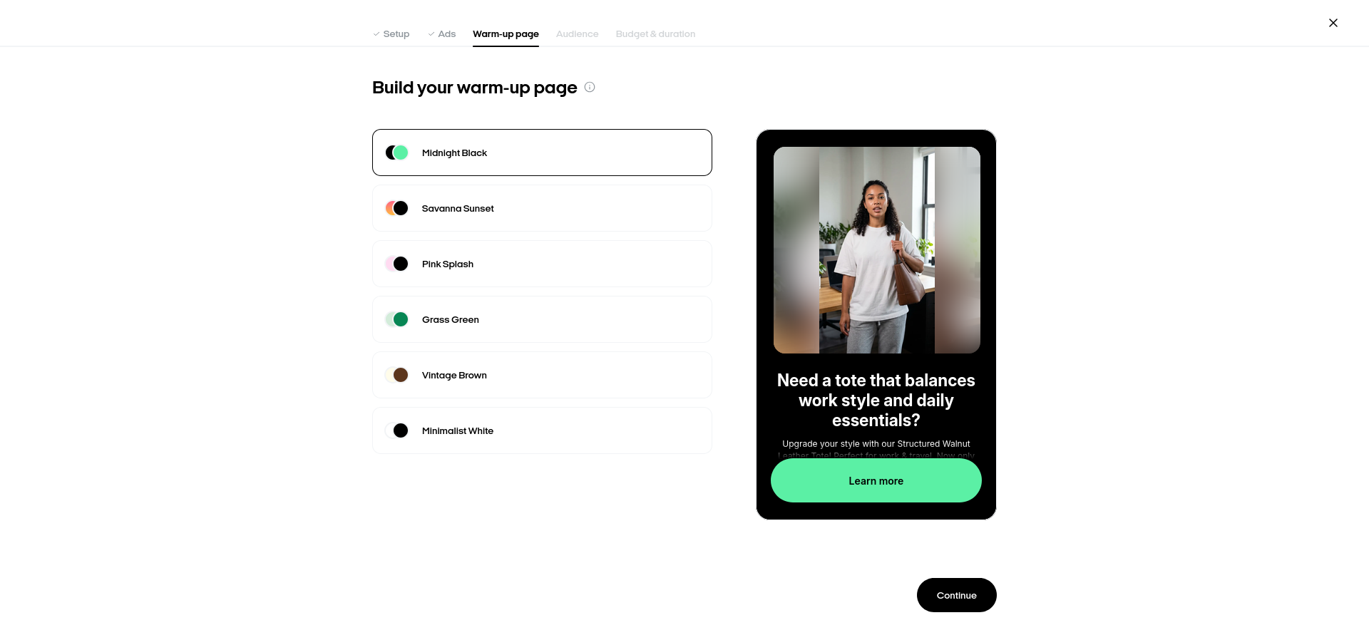 Zeely AI warm-up page builder showing six visual themes and the Midnight Black mobile preview used in my partner-account campaign test.