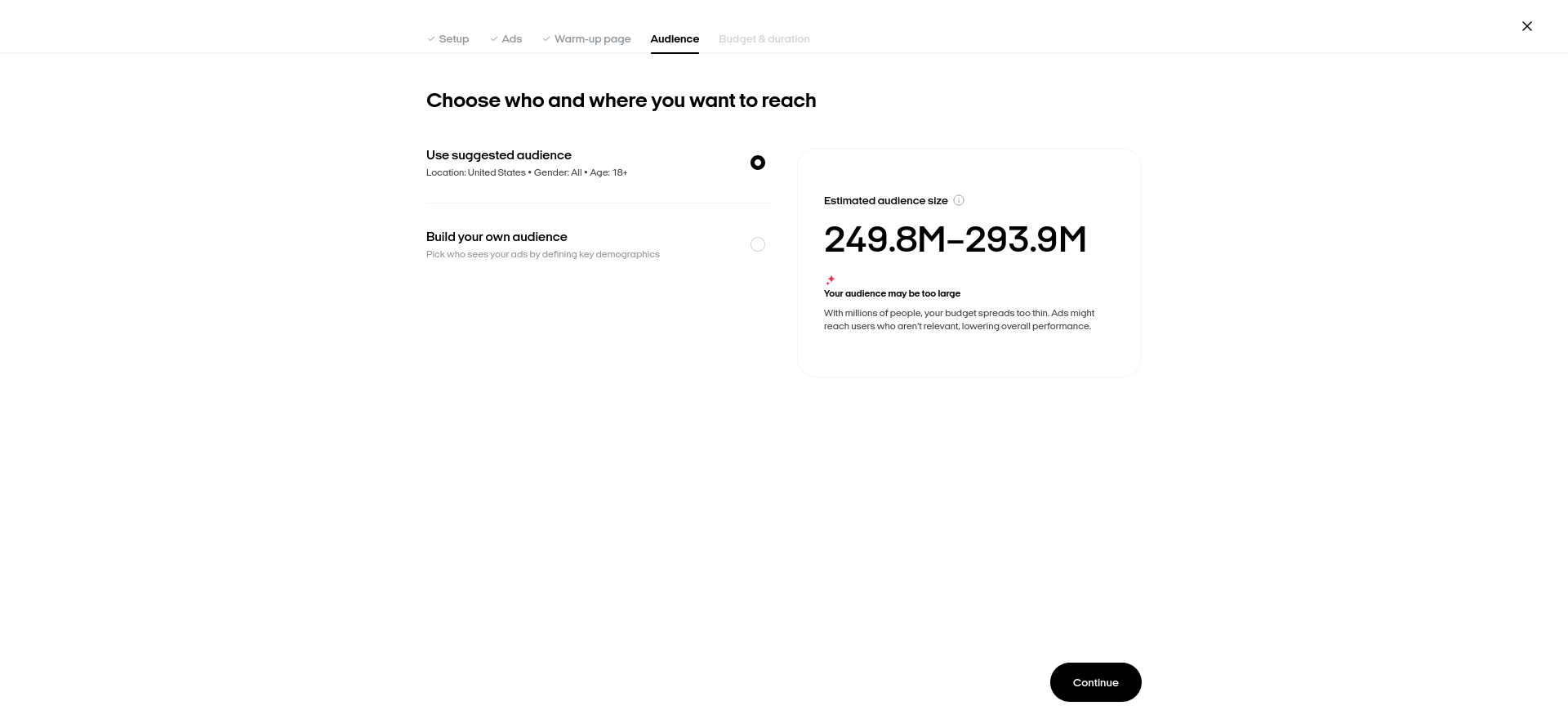 Zeely AI suggested Meta audience for the United States, all genders, age 18+, with an estimated audience of 249.8M–293.9M and a warning that the audience may be too large.