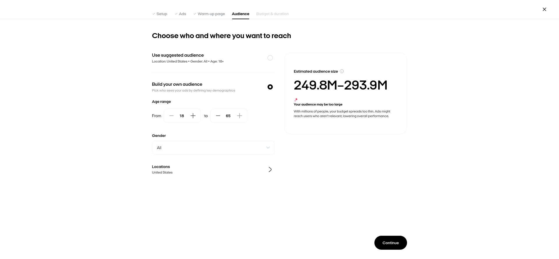 Zeely AI custom Meta audience builder with controls for age range, gender, and location alongside an estimated audience size.