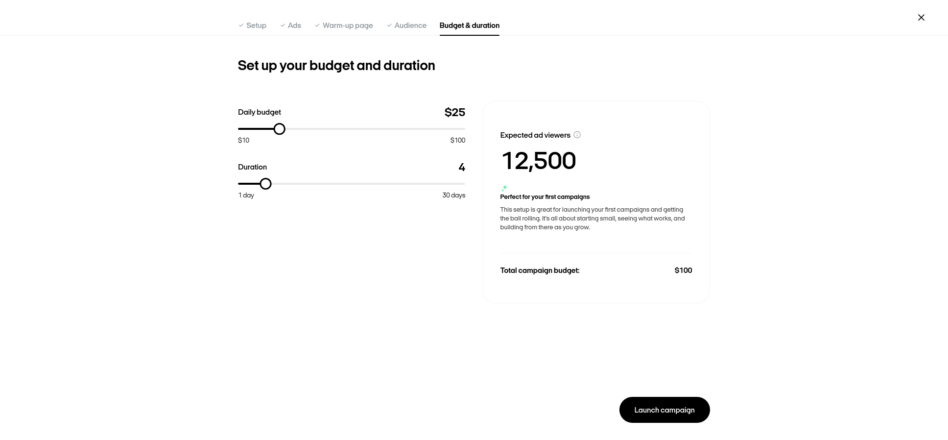 Final Zeely AI Meta campaign budget screen showing a $25 daily budget for four days, a $100 total campaign budget, and 12,500 expected ad viewers.
