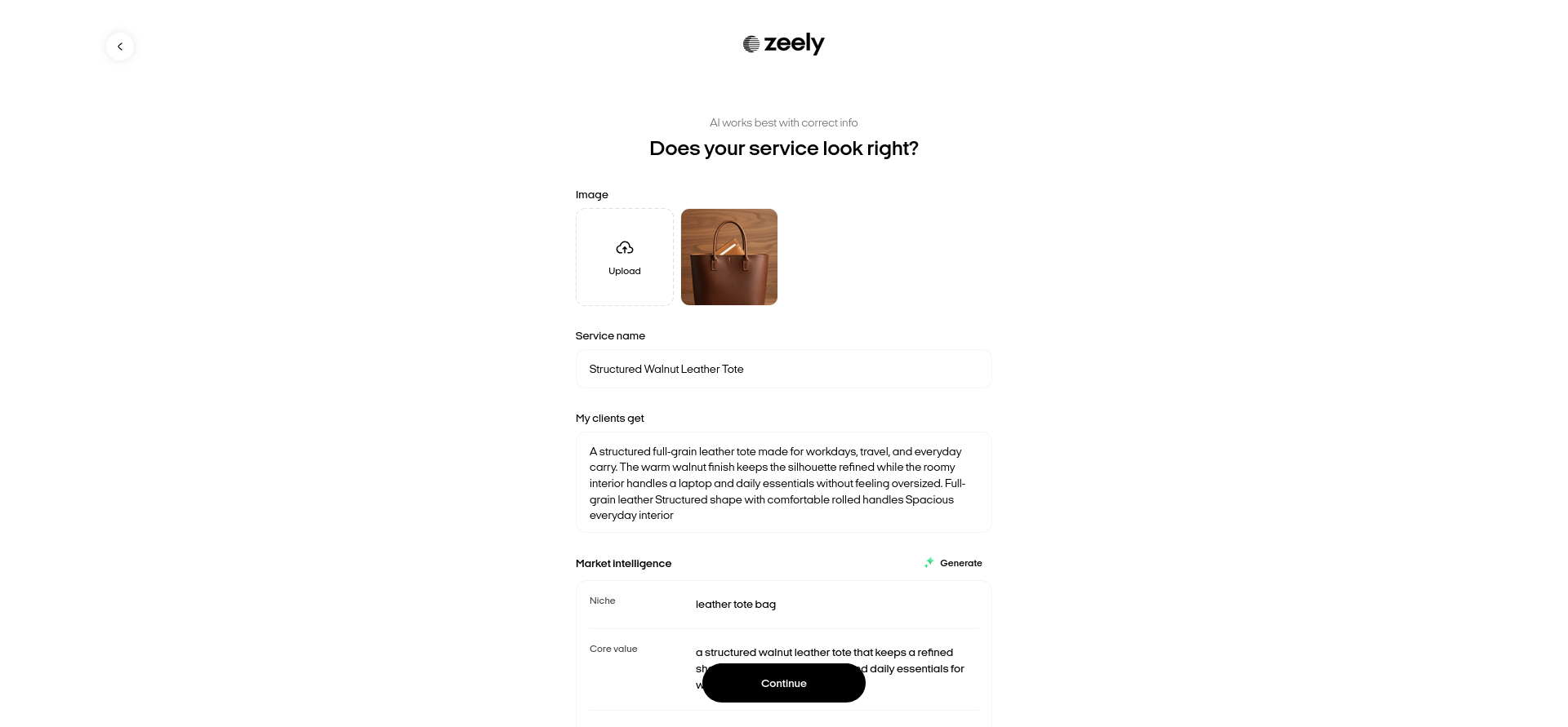 Zeely AI market intelligence for the Structured Walnut Leather Tote showing its niche, core value, target audience, pain points, and purchase triggers.