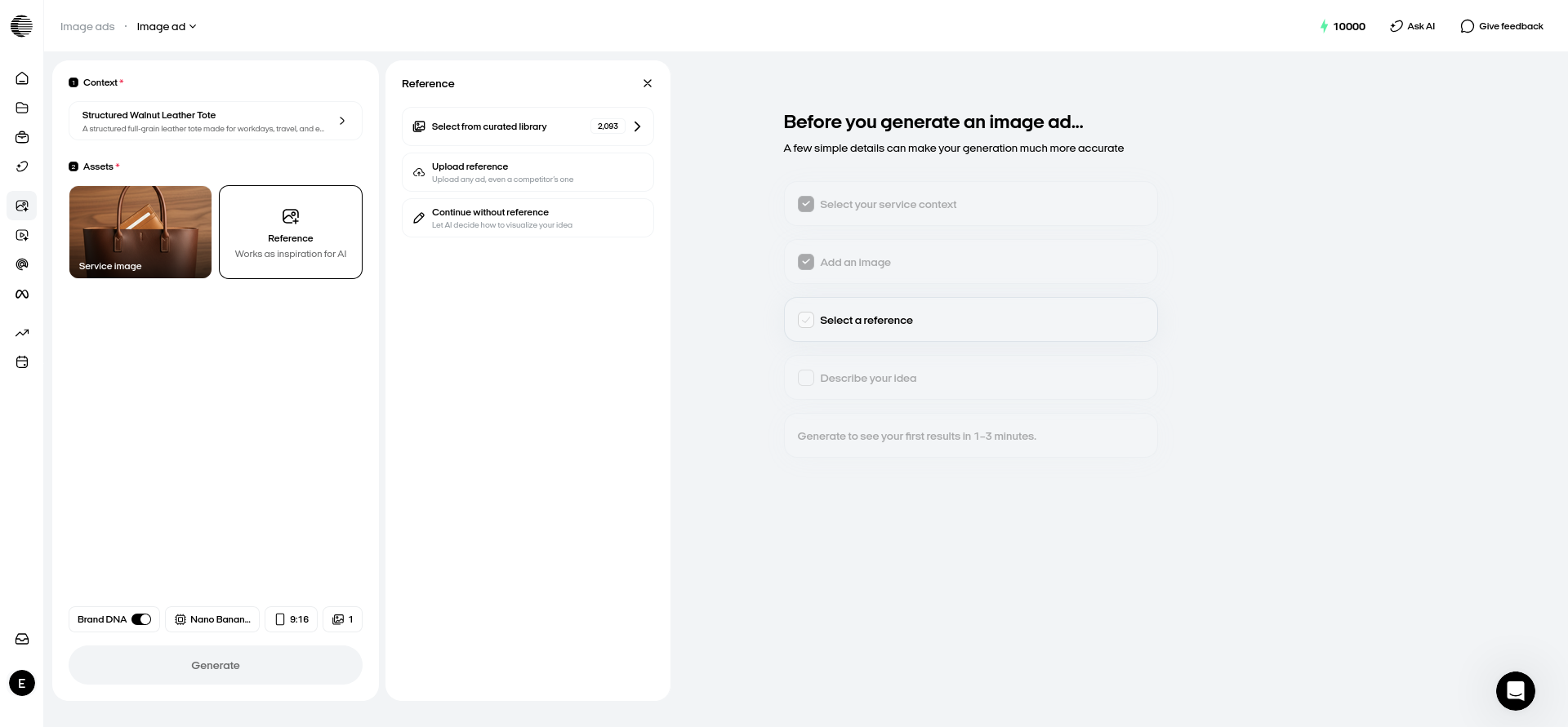Zeely AI Image Ads builder before my first tote generation, showing the selected product, Nano Banana Pro model, 9:16 format, Brand DNA, and 25-credit cost.