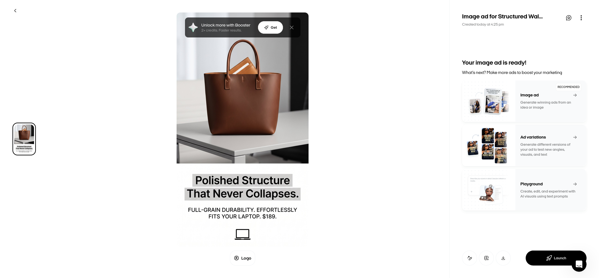 First Zeely AI image ad generated for the Structured Walnut Leather Tote after 1 minute and 22.24 seconds.