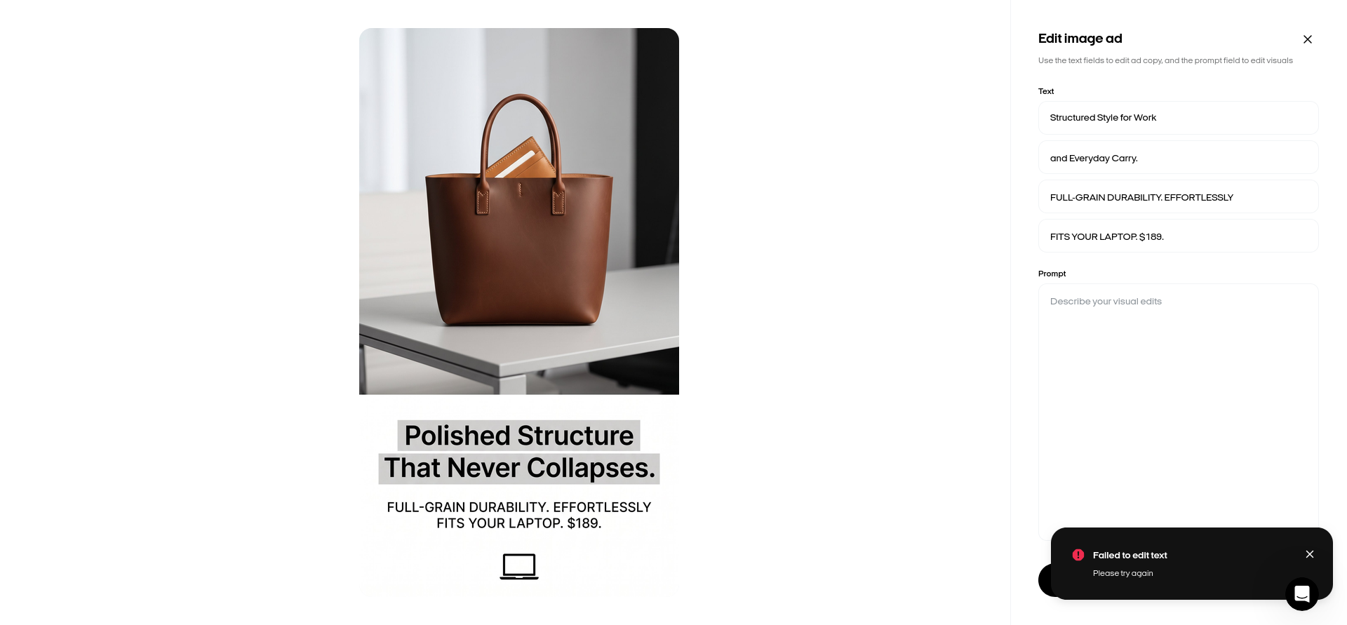 Zeely AI showing a Failed to edit text message after I replaced an unsupported headline in the generated tote ad.
