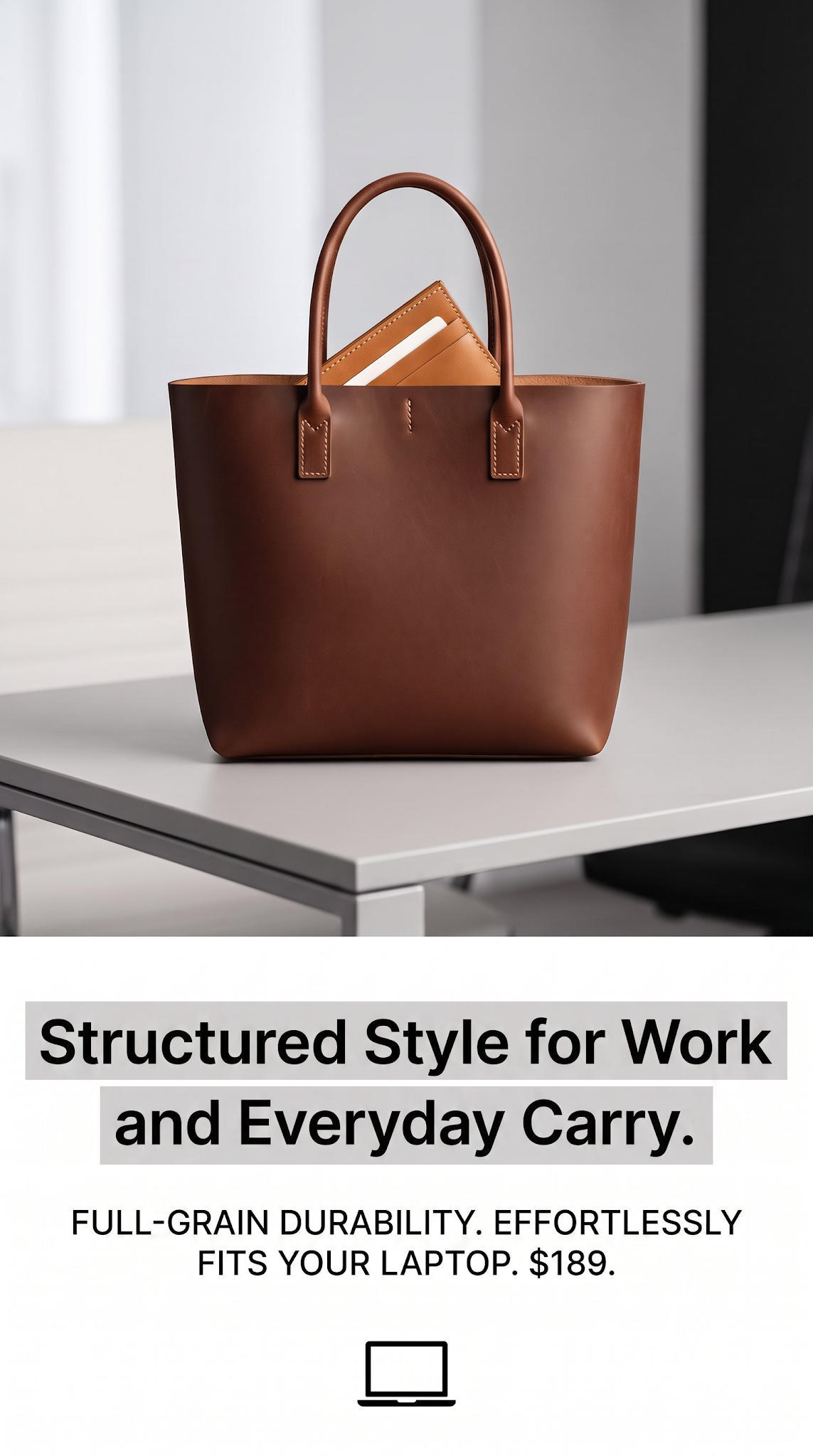 Corrected Zeely AI tote ad using the safer headline Structured Style for Work and Everyday Carry.