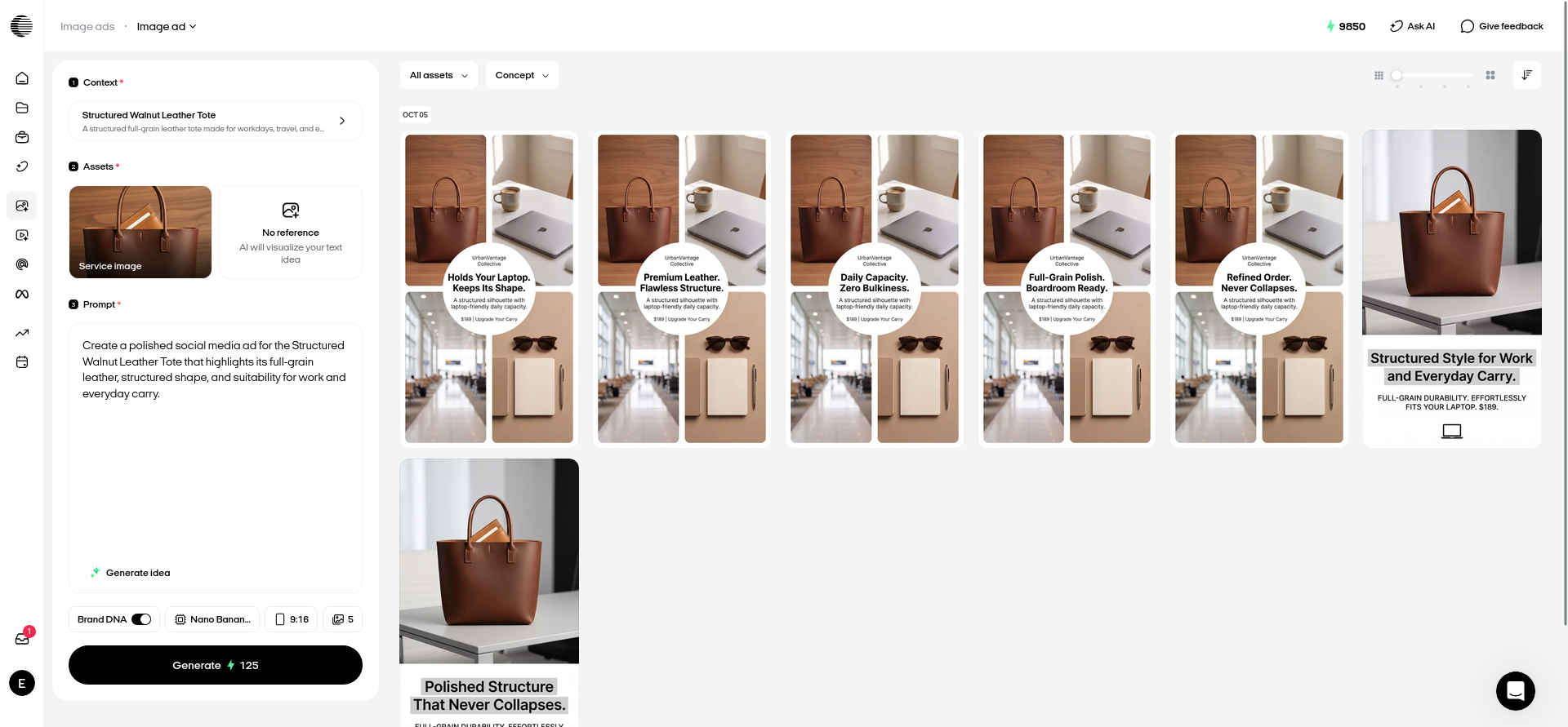 Five Zeely AI text-focused ad variations generated for the Structured Walnut Leather Tote in 2 minutes and 15 seconds.